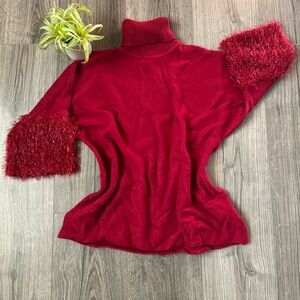 Elegant Red Turtleneck Sweater with Fluffy Sleeves